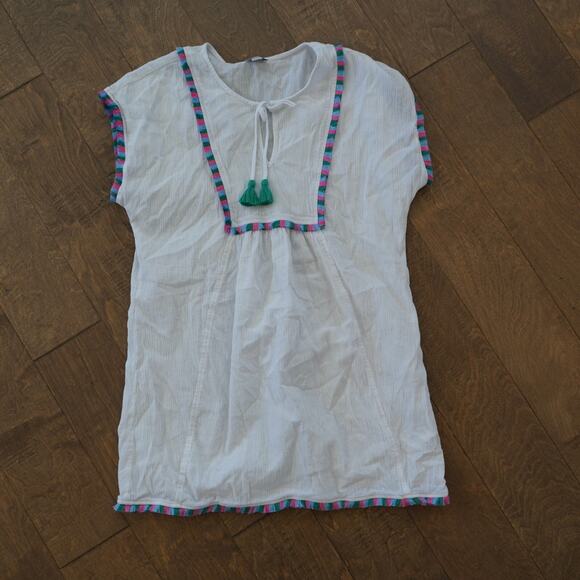 J.CREW Beach Tunic Coverup Womens XS White Tie Neck Boho Lightweight Fringe Edge - Picture 2 of 7